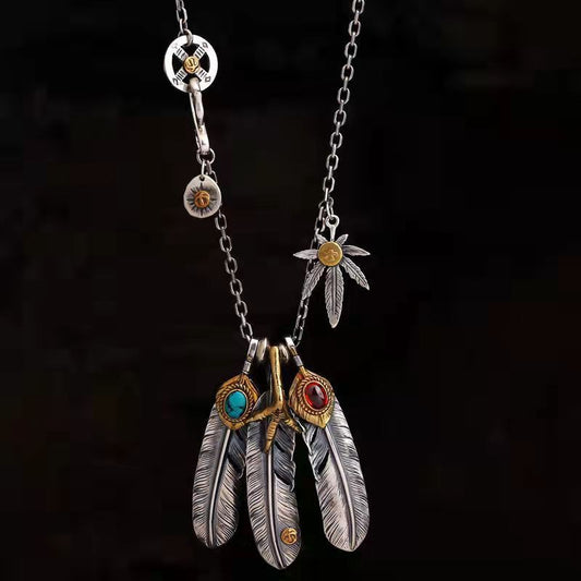Goro's Feather Pendant • Heavy 925 Silver & Turquoise • Hand-Carved Texture • Unisex Leather Cord • Heritage Distressed Finish • Full Ceremonial Kit